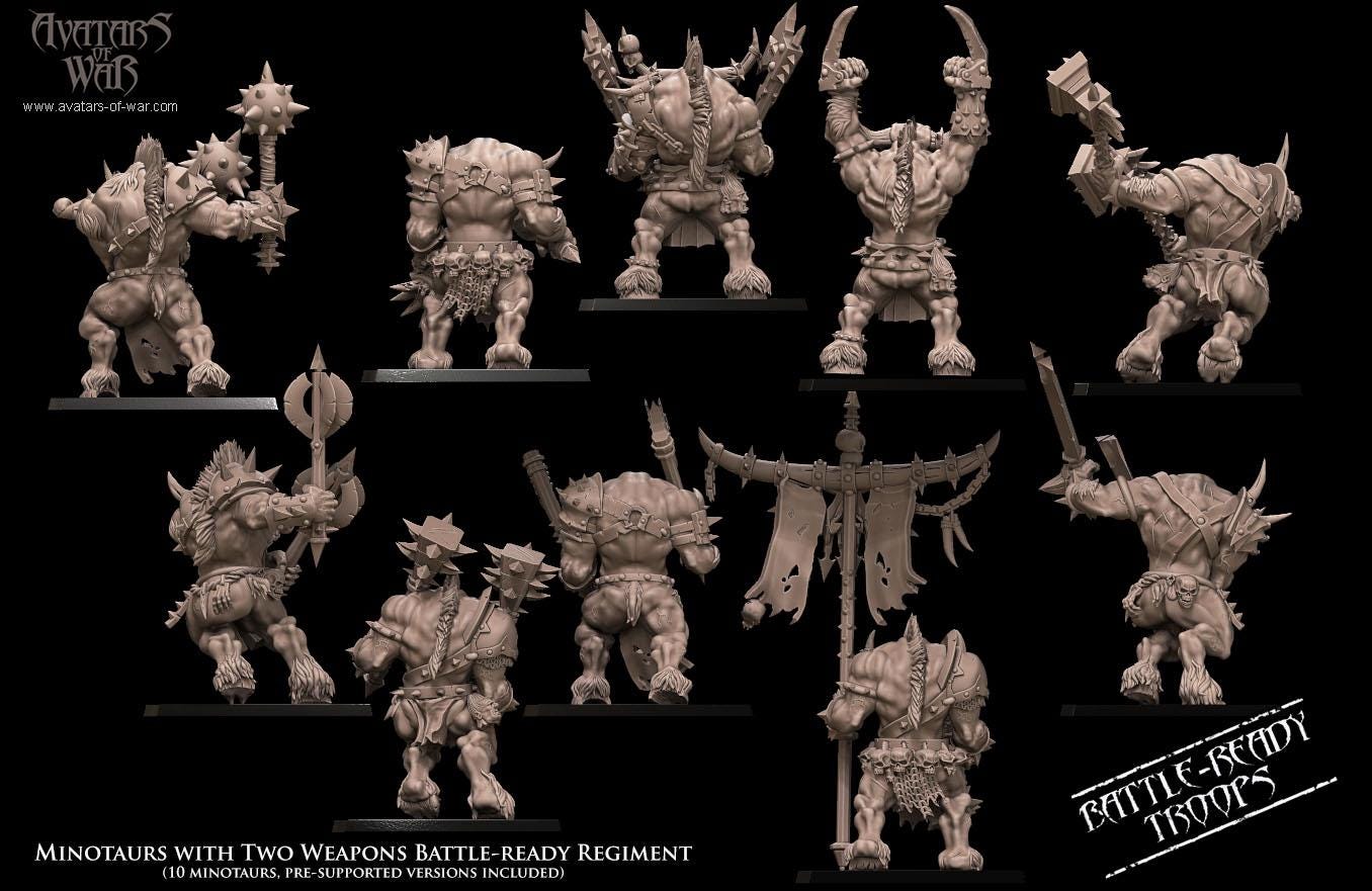 3D printed Minotaurs with Two Weapons by Avatars of War