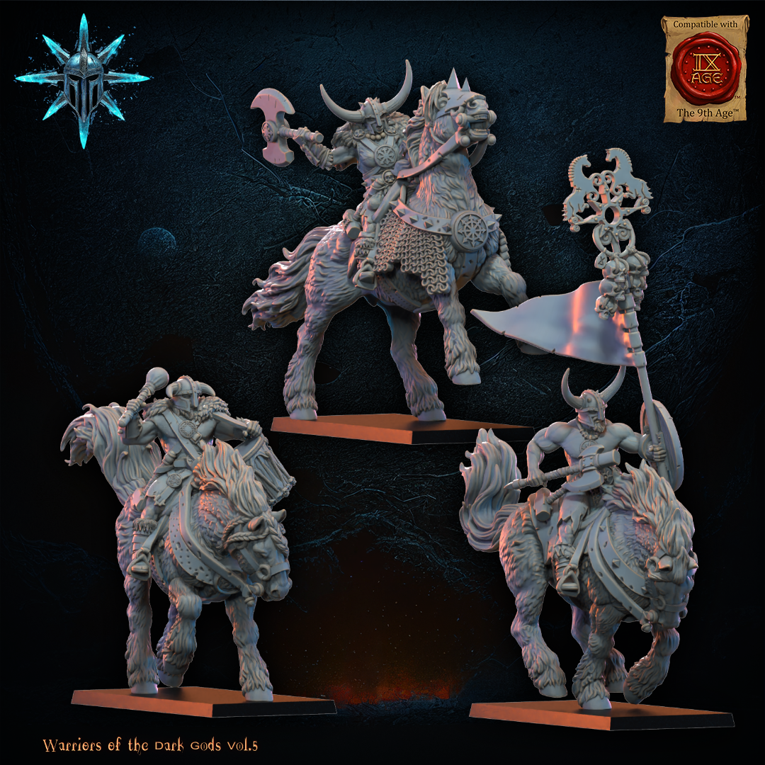 3D Printed Chaos Barbarian Cavalry Command Group by Lost Kingdom Miniatures