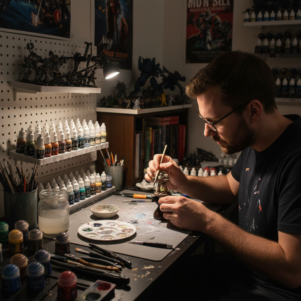 Miniature painter hand-finishing a model at the workbench