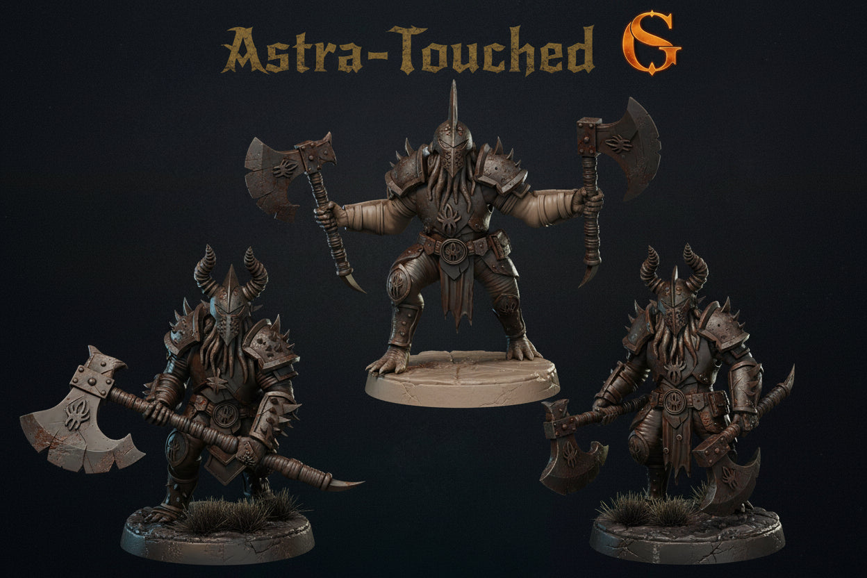 Three fantasy warrior figurines with axes on a dark background, featuring 'Astra-Touched' branding.