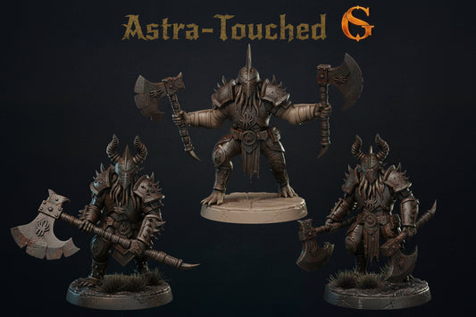 Three fantasy warrior figurines with axes on a dark background, featuring 'Astra-Touched' branding.