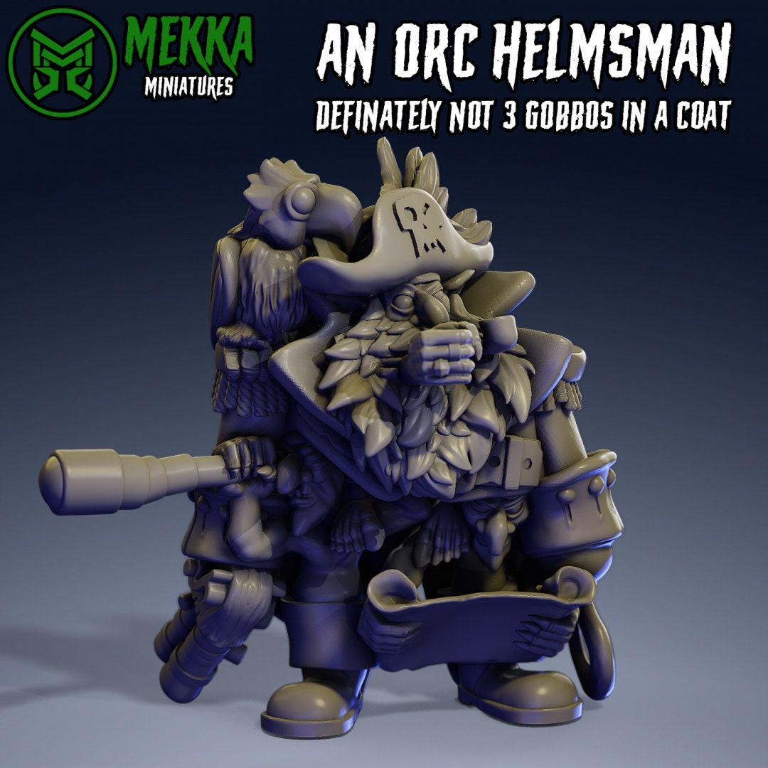 3d Printed Ork Pirate Helmsman (definitely not 3 Gobbos in a coat) by Mekka Miniatures