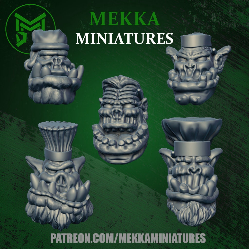 3d Printed Ork Chef Heads x10 by Mekka Miniatures