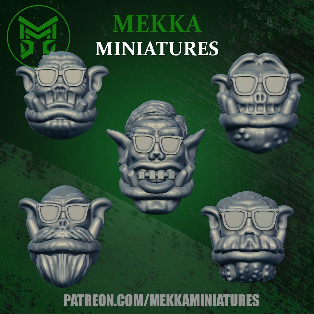 3d Printed Ork Nerd Heads x10 by Mekka Miniatures