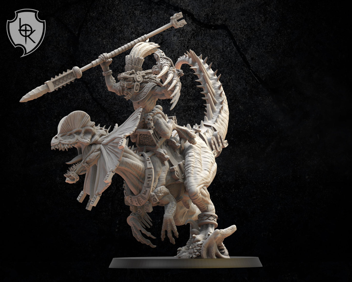 3d Printed Ezocamtl General on Dilophosarus by Lost Kingdom Miniatures