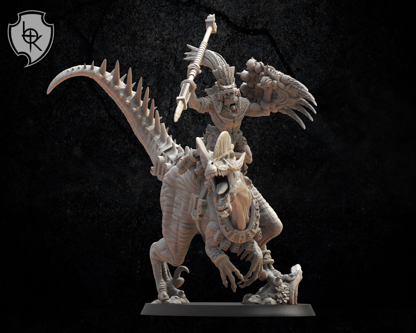 3d Printed Ezocamtl General on Dilophosarus by Lost Kingdom Miniatures