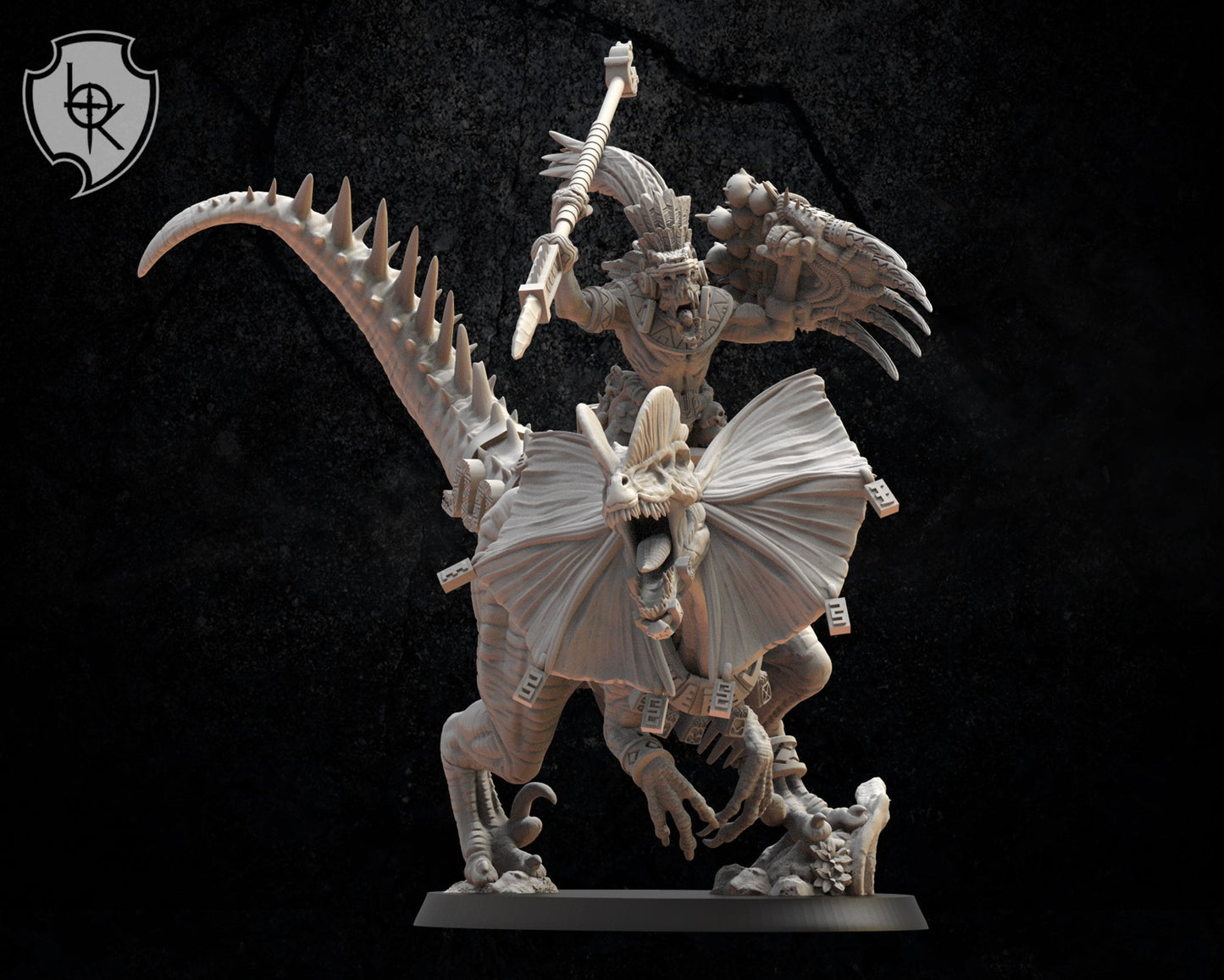 3d Printed Ezocamtl General on Dilophosarus by Lost Kingdom Miniatures