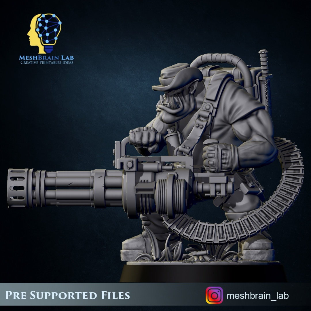 Meshbrain Lab 3d Printed Ork Commando with Minigun by Meshbrain Labs Miniatures ...