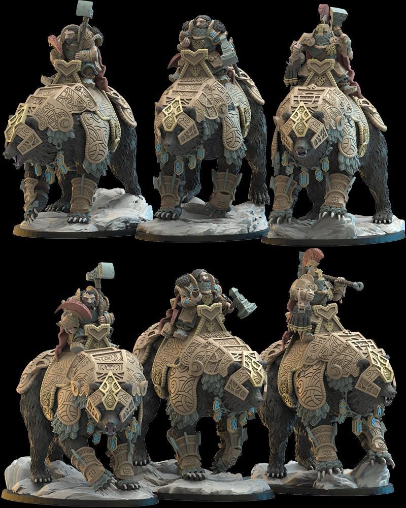 3d Printed Dwarf Bear Riders x3 by Lost Kingdom Miniatures
