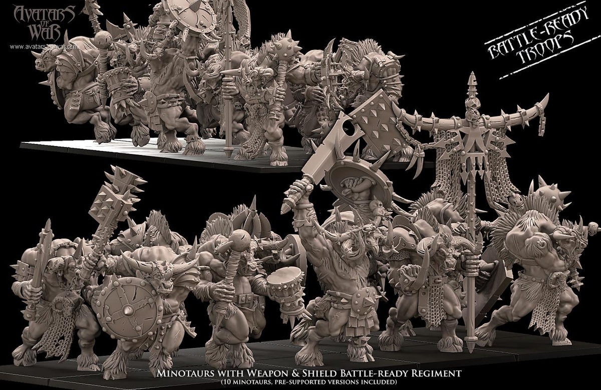 3D printed Minotaur Battle Ready Regiment w/Weapon & Shields by Avatar ...